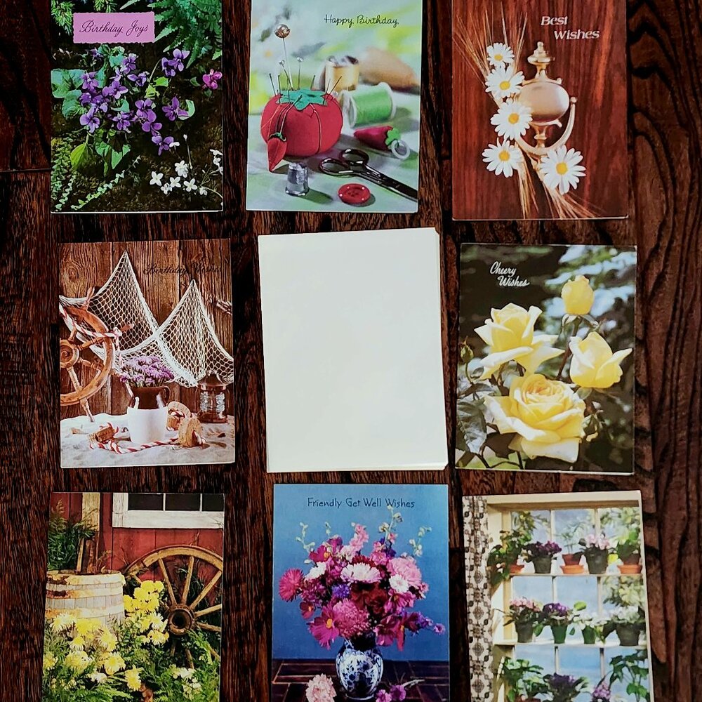 8 x Vintage Retro Floral Sewing Fishing Assorted Greeting Cards w Envelopes